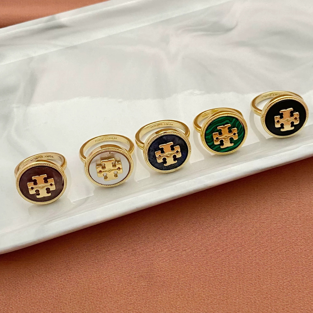 Tory Burch Inlaid Letter Geometric Round Ring Metal